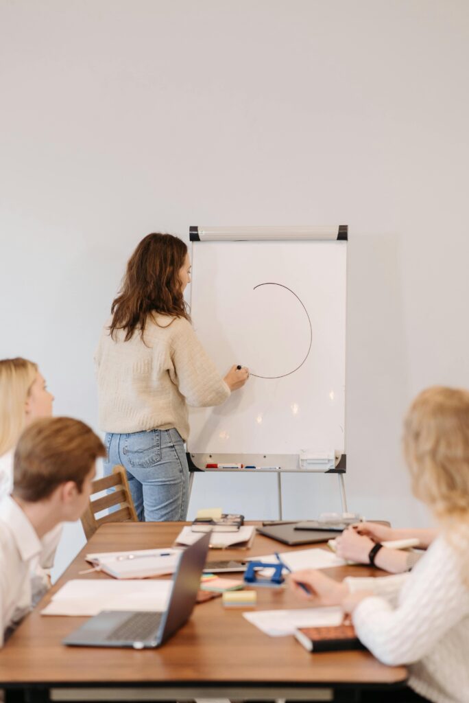A woman leads a brainstorming session at an office meeting with a team around a table.